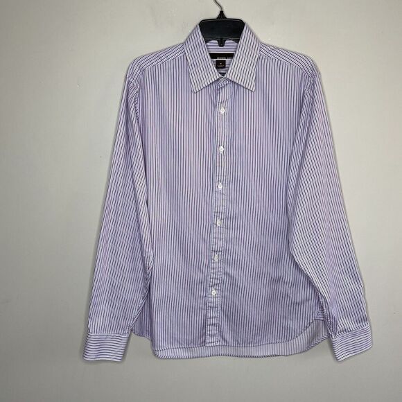 MICHAEL KORS Mens Classic-Fit Button-Up Shirt Pink Blue Striped Cotton Medium M - Picture 1 of 8